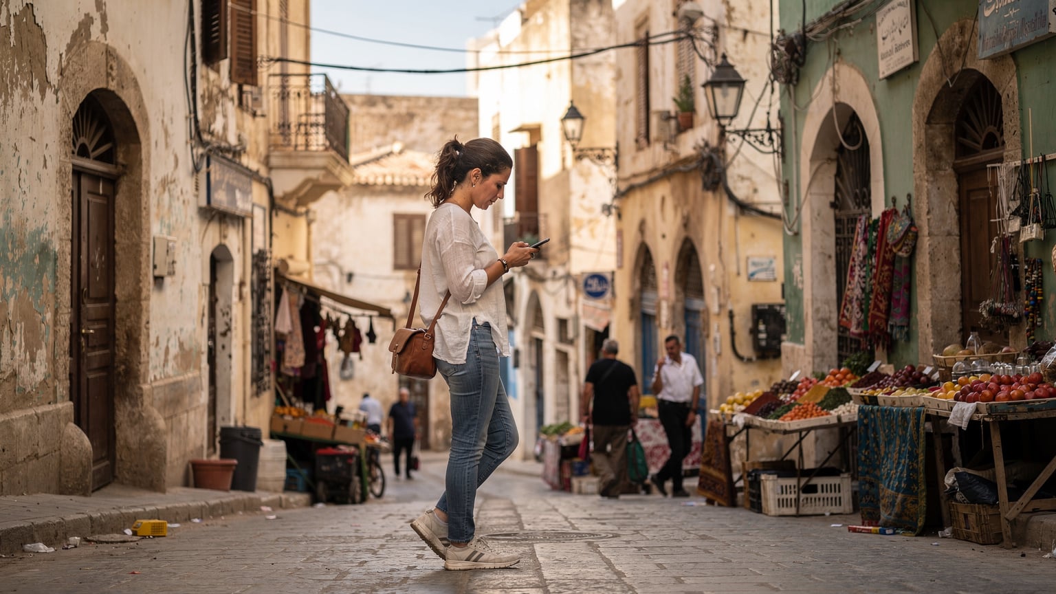 A traveler using their smartphone to navigate the bustling streets of Oran, Algeria, with traditional architecture in the background.