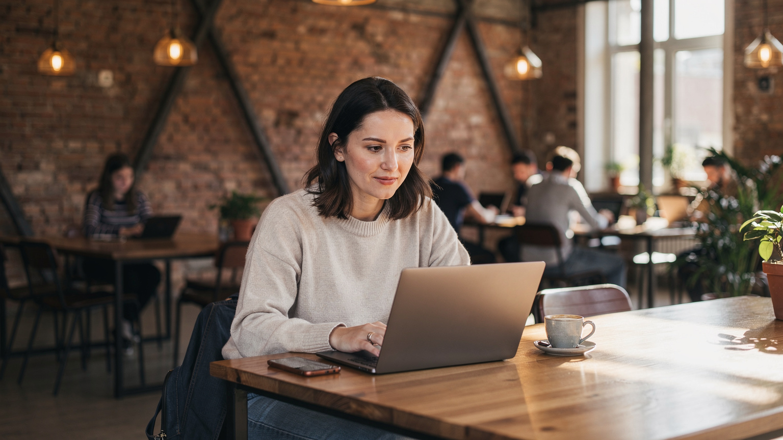 Ein Reisender sitzt in einem lebhaften Co-working Space in Belgrad, Serbien, mit seinem Laptop und einer Tasse Kaffee, umgeben von anderen Digitalnomaden, die konzentriert arbeiten.