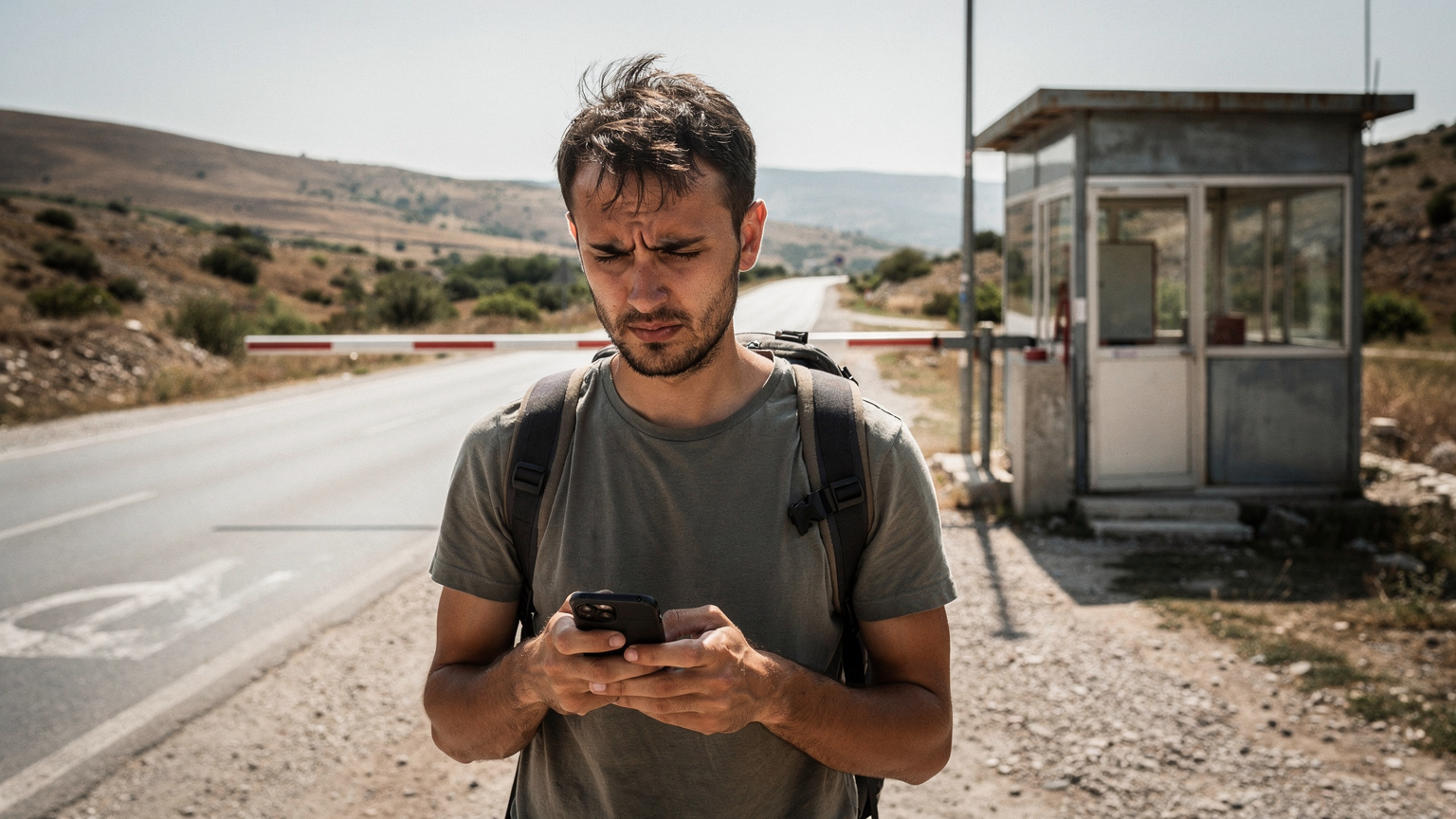 Ein Reisender schaut mit Sorge auf sein Smartphone, das eine 'Kein Service'-Nachricht anzeigt, während er an einem abgelegenen Grenzübergang auf dem Balkan steht, was die Frustration bei fehlender Konnektivität verdeutlicht.