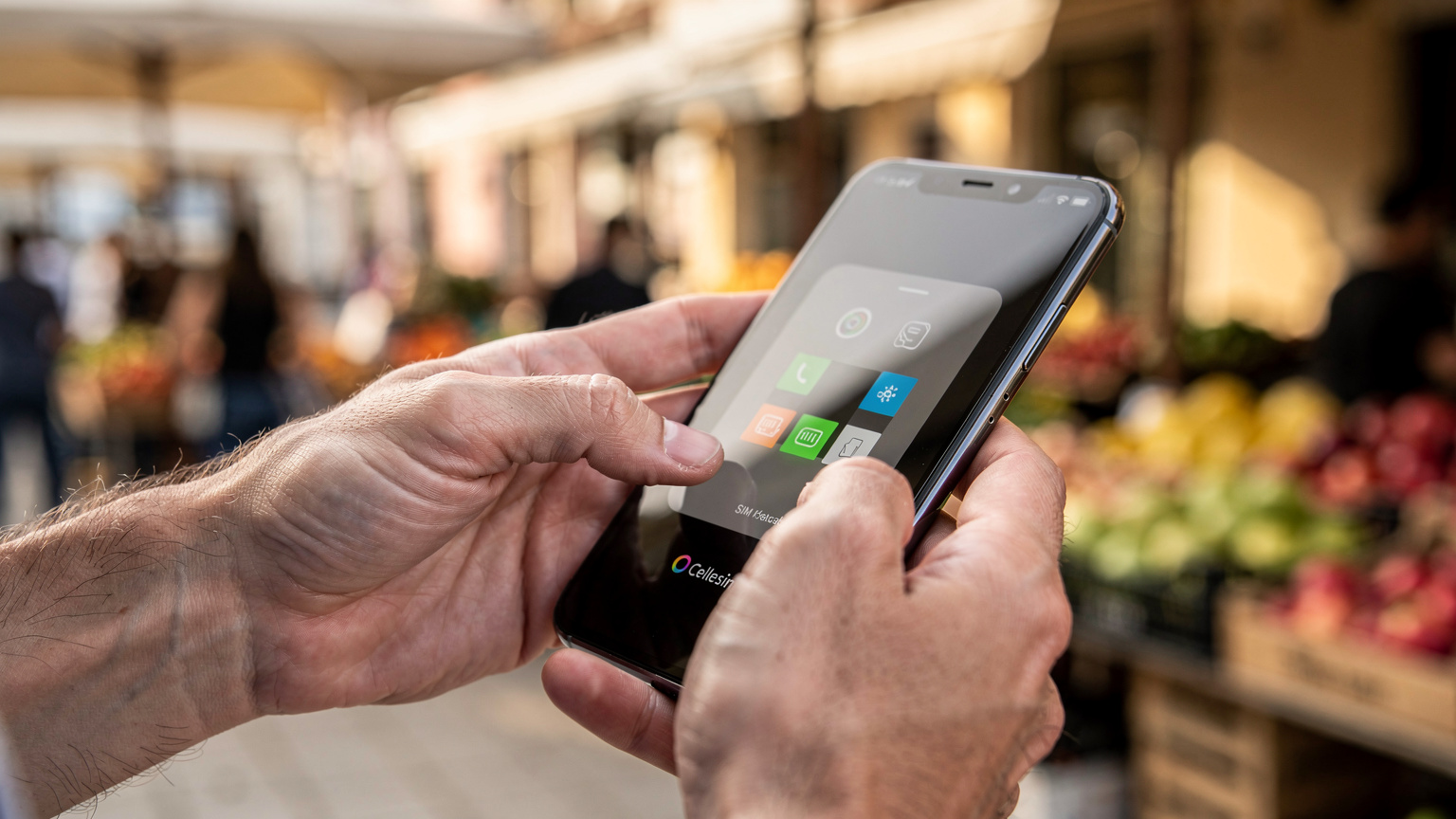 Nahaufnahme der Hände einer Person, die ein Smartphone hält, auf dem eine Cellesim eSIM-App geöffnet ist, mit einem leichten Fokus auf die Interaktion und eine unscharfe Ansicht eines belebten Marktplatzes in Durrës, Albanien, im Hintergrund.