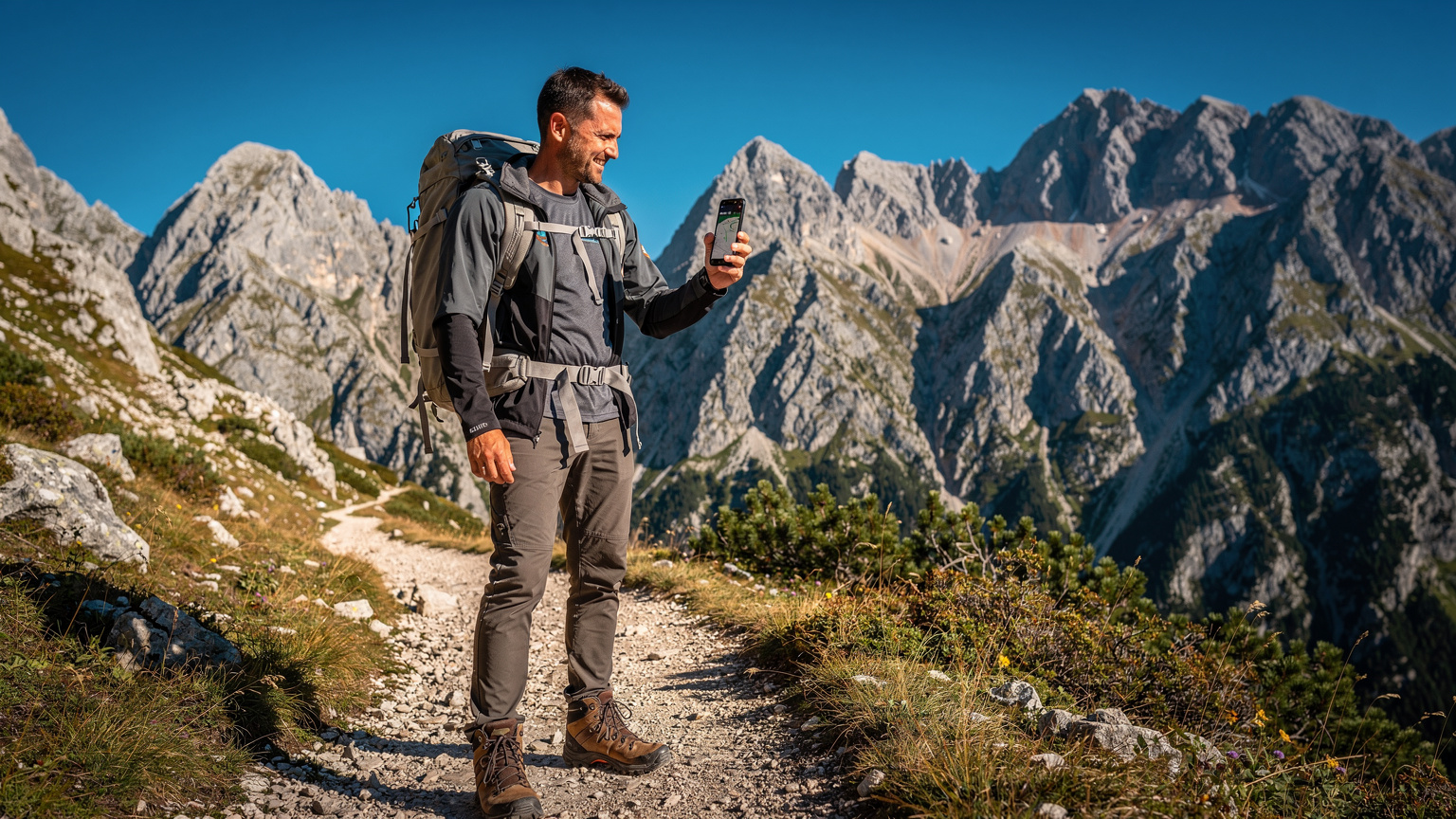 Ein Wanderer nutzt sein Smartphone mit eSIM in den Bergen von Montenegro, um die Route zu prüfen und in Verbindung zu bleiben.