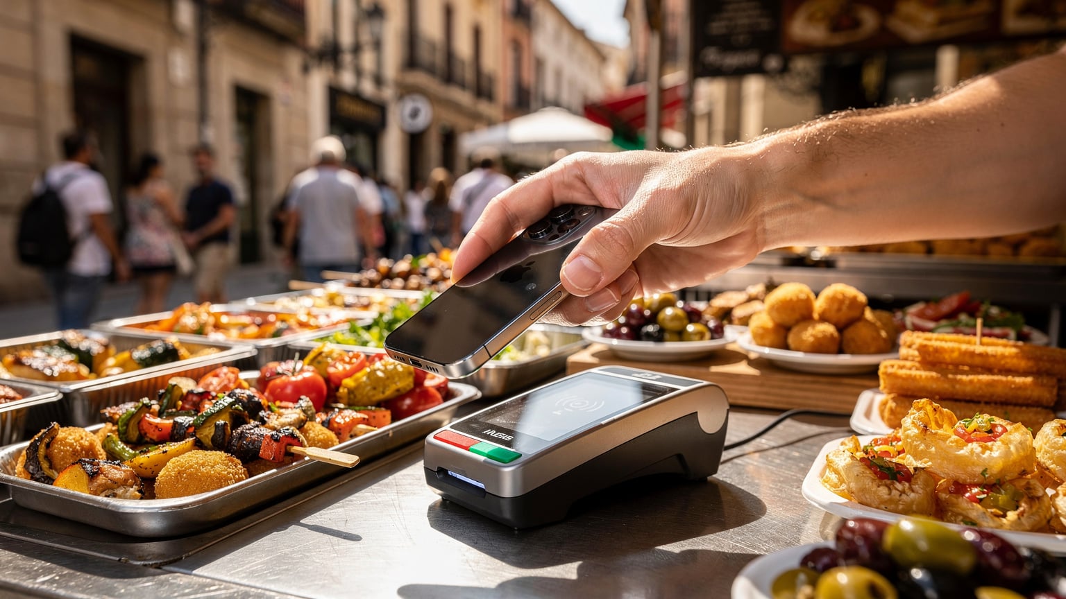 Un viajero utiliza su iPhone 15 Pro para pagar en un puesto de comida callejera en el barrio de La Latina en Madrid, mostrando la conveniencia de la conectividad en un entorno local y animado.