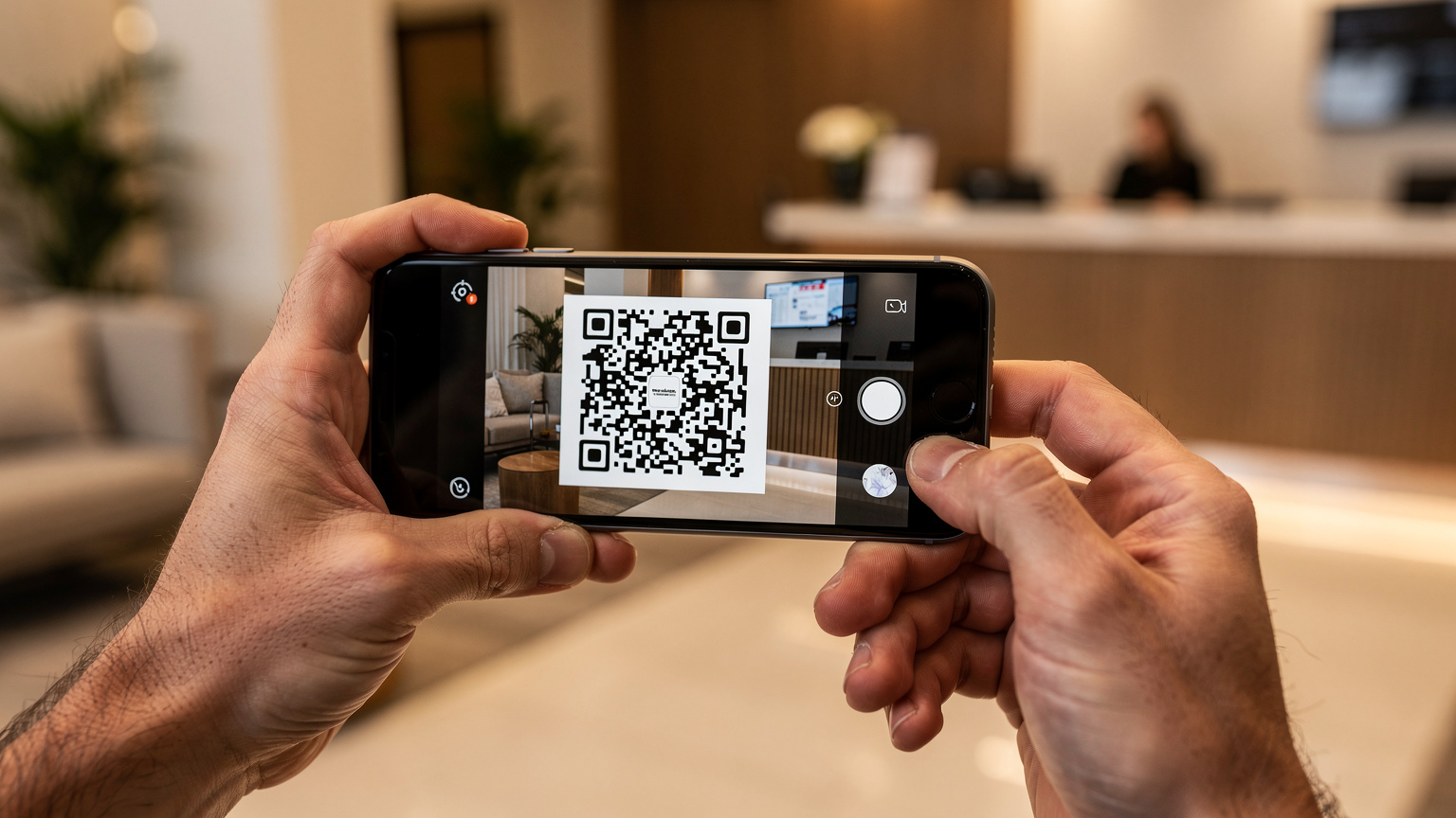 Nahaufnahme von Händen, die einen QR-Code auf einem Smartphone-Bildschirm scannen, um eine eSIM zu aktivieren, im Hintergrund eine verschwommene Hotellobby.