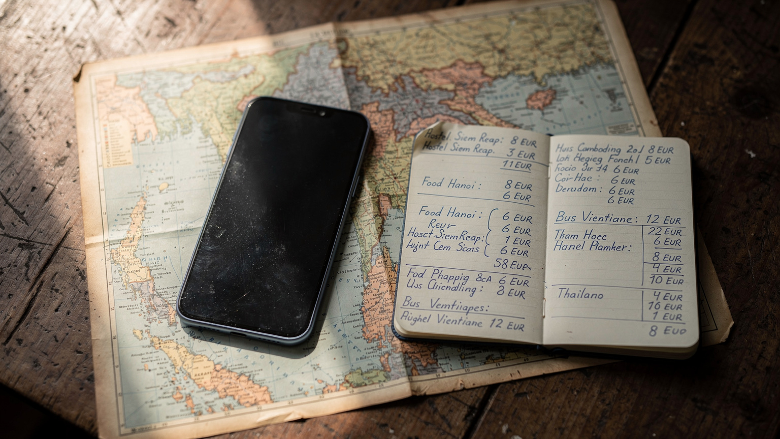 Ein gebrauchtes Google Pixel-Smartphone liegt auf einer physischen Karte von Südostasien, daneben ein Notizbuch mit handgeschriebenen Reisebudget-Aufzeichnungen in Euro.