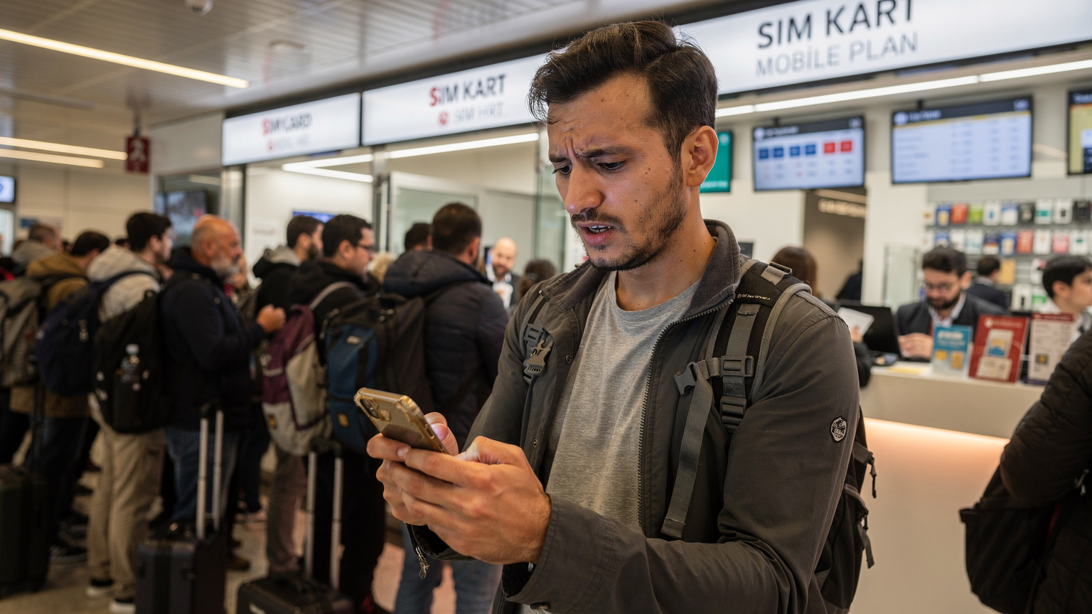 Ein frustrierter Reisender blickt an einem überfüllten Flughafen-Kiosk in Istanbul auf sein nicht eSIM-fähiges Smartphone und die langen Schlangen für physische SIM-Karten.