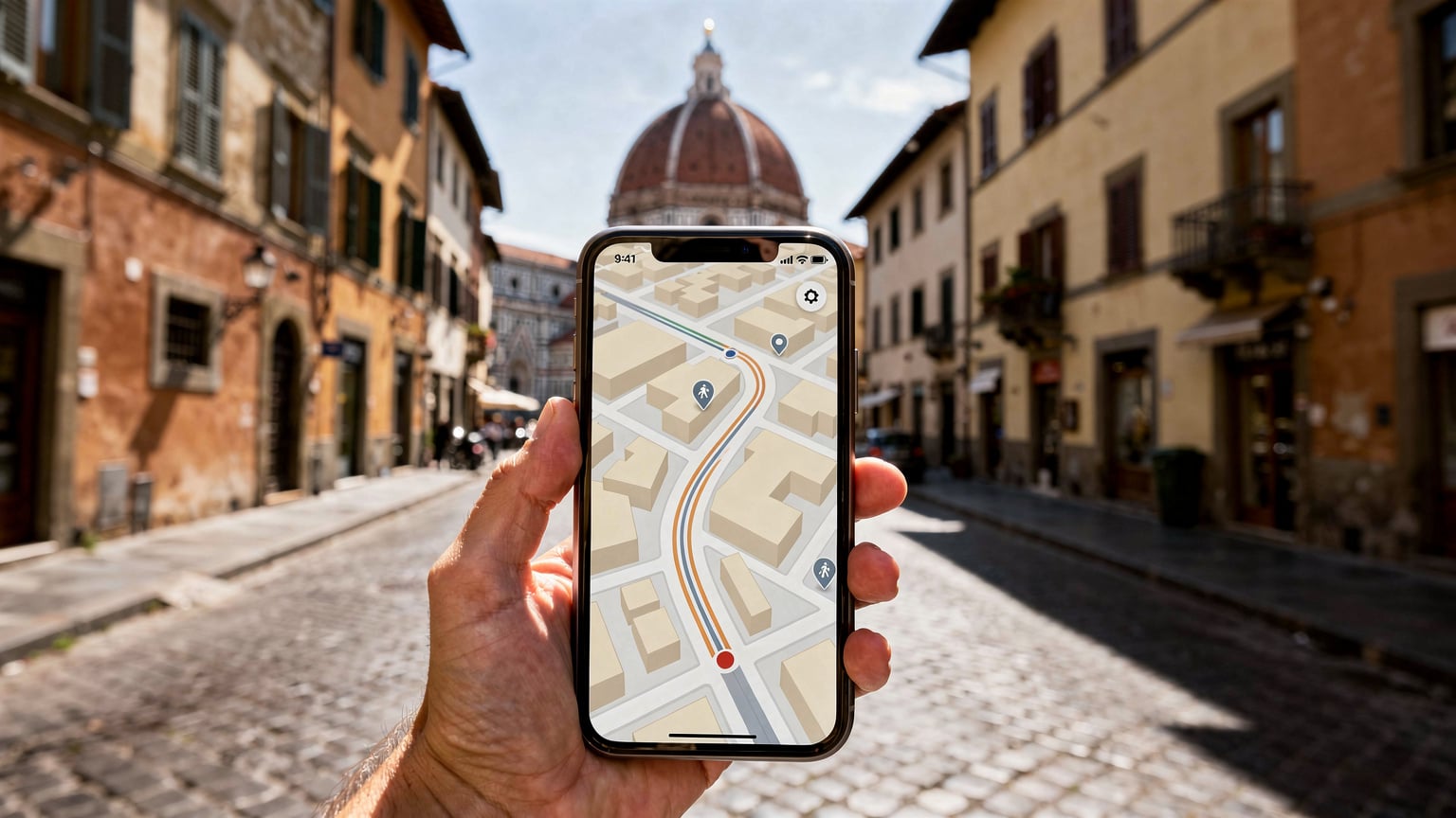 Ένα smartphone με ανοιχτούς τους Google Maps, δείχνοντας μια διαδρομή στα στενά σοκάκια της Φλωρεντίας, με το ιστορικό Duomo να ξεχωρίζει στο βάθος, και το χέρι ενός ατόμου να κρατάει το κινητό.