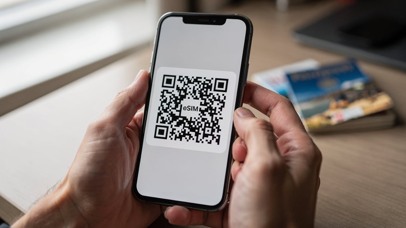 Κοντινό πλάνο ενός smartphone που εμφανίζει έναν QR κωδικό eSIM στην οθόνη του, με ανθρώπινα χέρια να το κρατούν και να ετοιμάζονται να σαρώσουν τον κωδικό, συμβολίζοντας την απρόσκοπτη ενεργοποίηση των δεδομένων στο εξωτερικό.