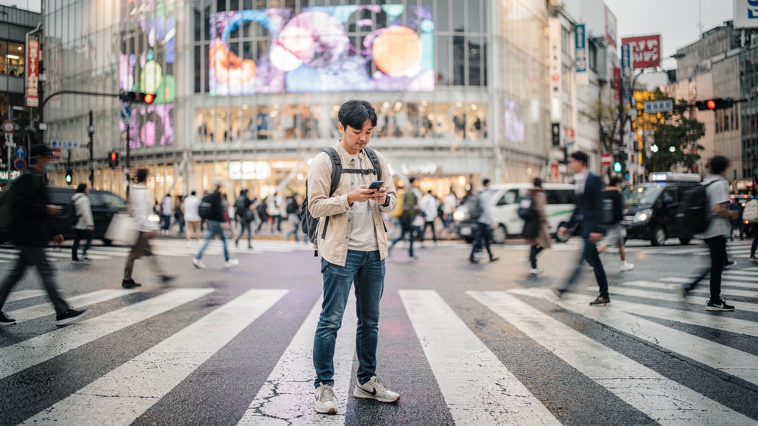 渋谷のスクランブル交差点で、大勢の人が行き交う中、自身のスマートフォンで電波状況を確認している旅行者。