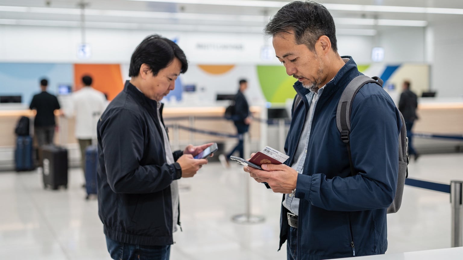 空港のチェックインカウンターで、搭乗券とパスポートを提示する前に、念のためスマートフォンのeSIM設定を確認している旅行者。