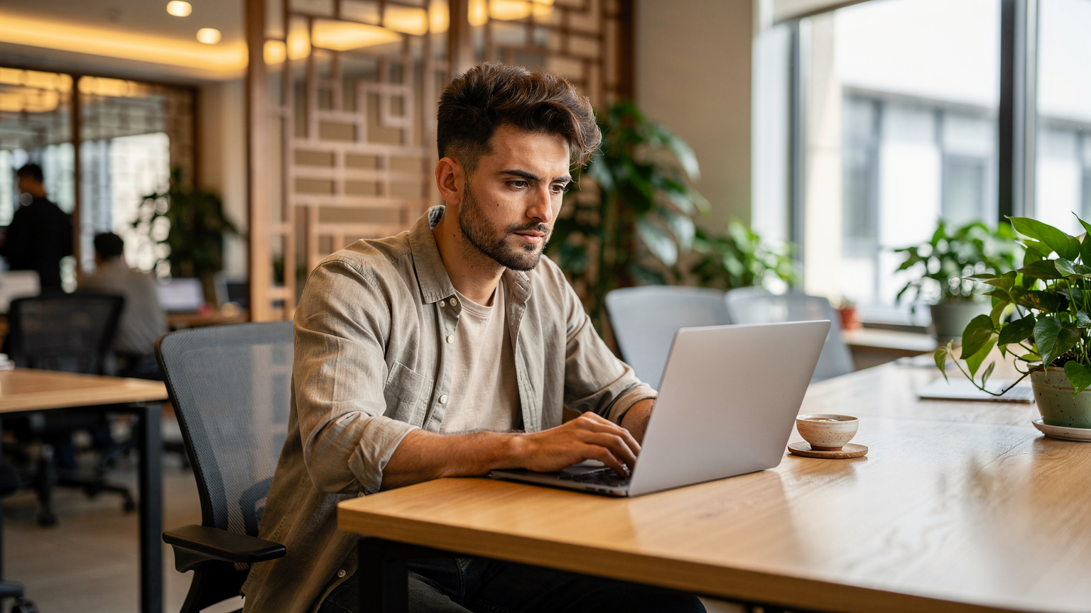 Un uomo italiano con il suo laptop in un moderno spazio di coworking a Chengdu, Cina, circondato da dettagli di architettura locale.