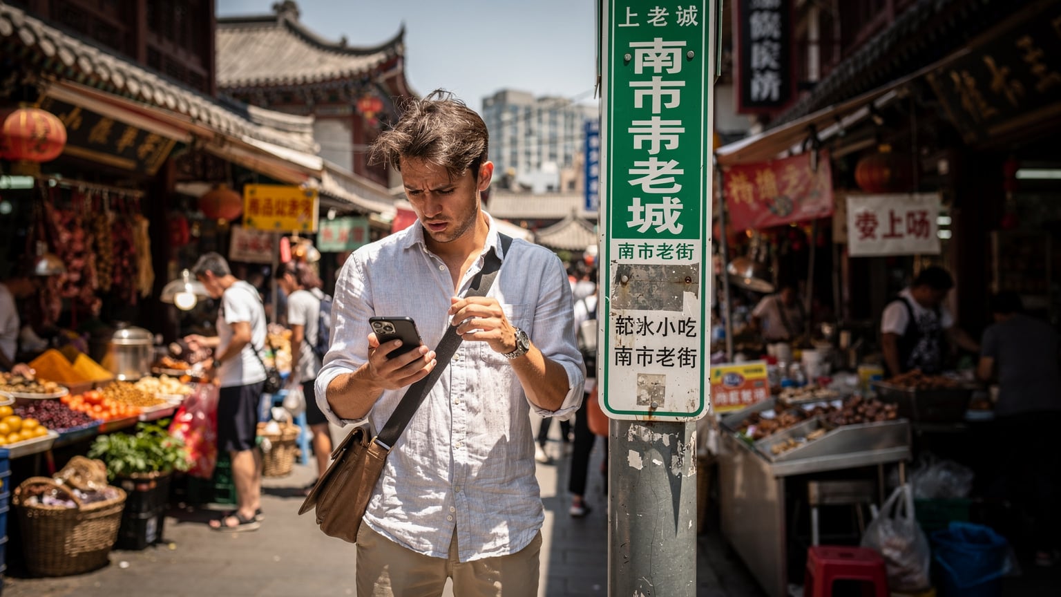 Un viaggiatore guarda il suo smartphone con un'espressione confusa, in piedi davanti a un cartello in cinese, indicando un problema di comunicazione o navigazione.