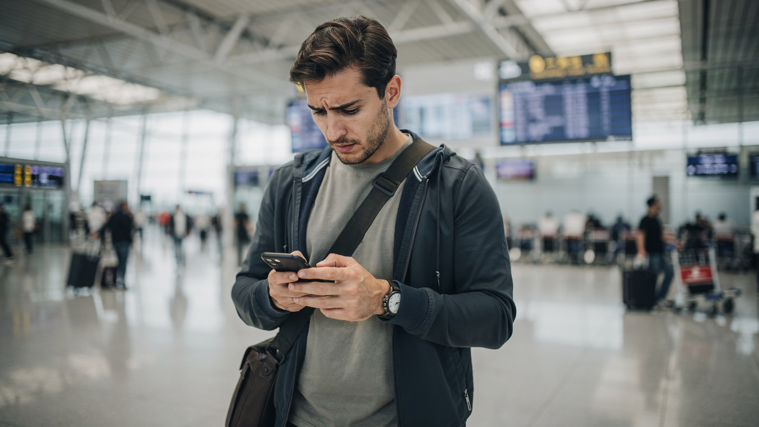 Un uomo italiano appena atterrato all'aeroporto di Shanghai, guarda il suo smartphone con un'espressione di lieve ansia, preoccupato per la connessione internet.