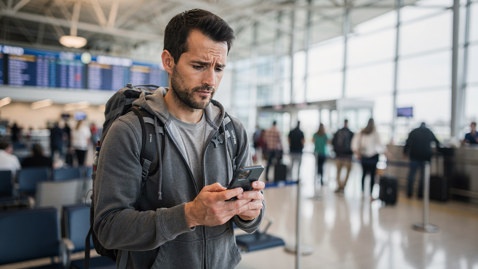 Un viaggiatore guarda con preoccupazione il suo smartphone mentre si trova in un affollato terminal dell'aeroporto JFK di New York, con i monitor dei voli e la folla sullo sfondo.