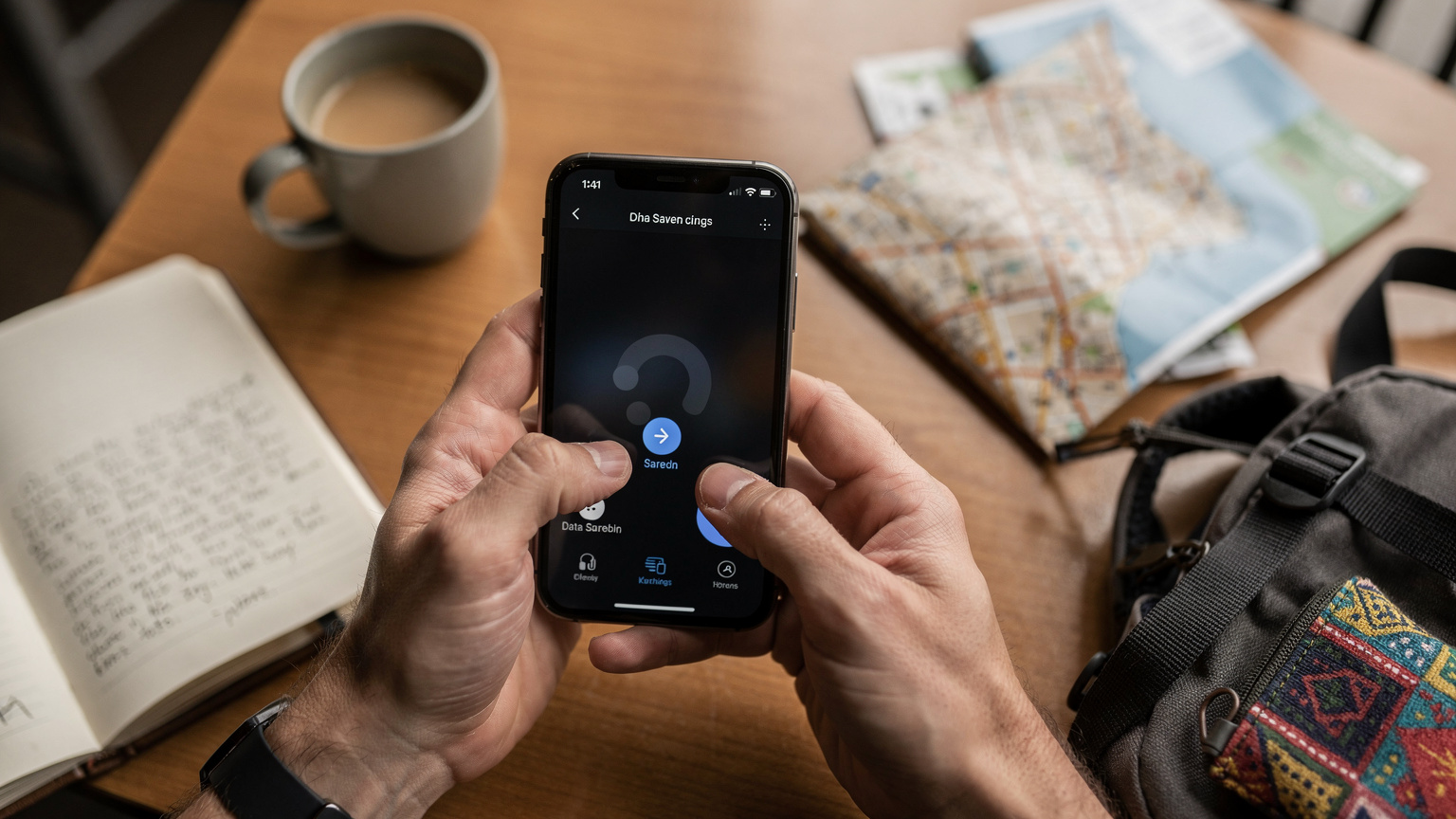 Un viaggiatore concentrato regola le impostazioni del risparmio dati sul suo smartphone, con le dita che toccano lo schermo. Lo sfondo è sfocato ma suggerisce un interno accogliente di un ostello o di un caffè, con una tazza di caffè e un taccuino.