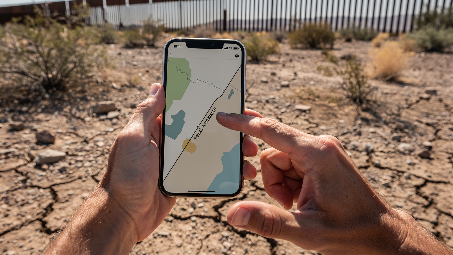 Due mani che tengono uno smartphone aperto su un'app di mappatura, con un confine internazionale evidenziato. Lo sfondo mostra un paesaggio desolato tipico di un'area di confine tra USA e Messico, con luce solare intensa.