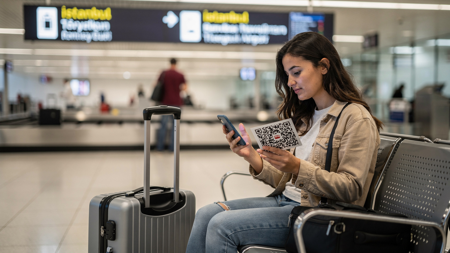 İstanbul Havalimanı'nda, bavulunu beklerken akıllı telefonunda eSIM kurulumu yapan bir gezgin, yorgun ama bağlantıda olduğu için rahatlamış görünüyor.
