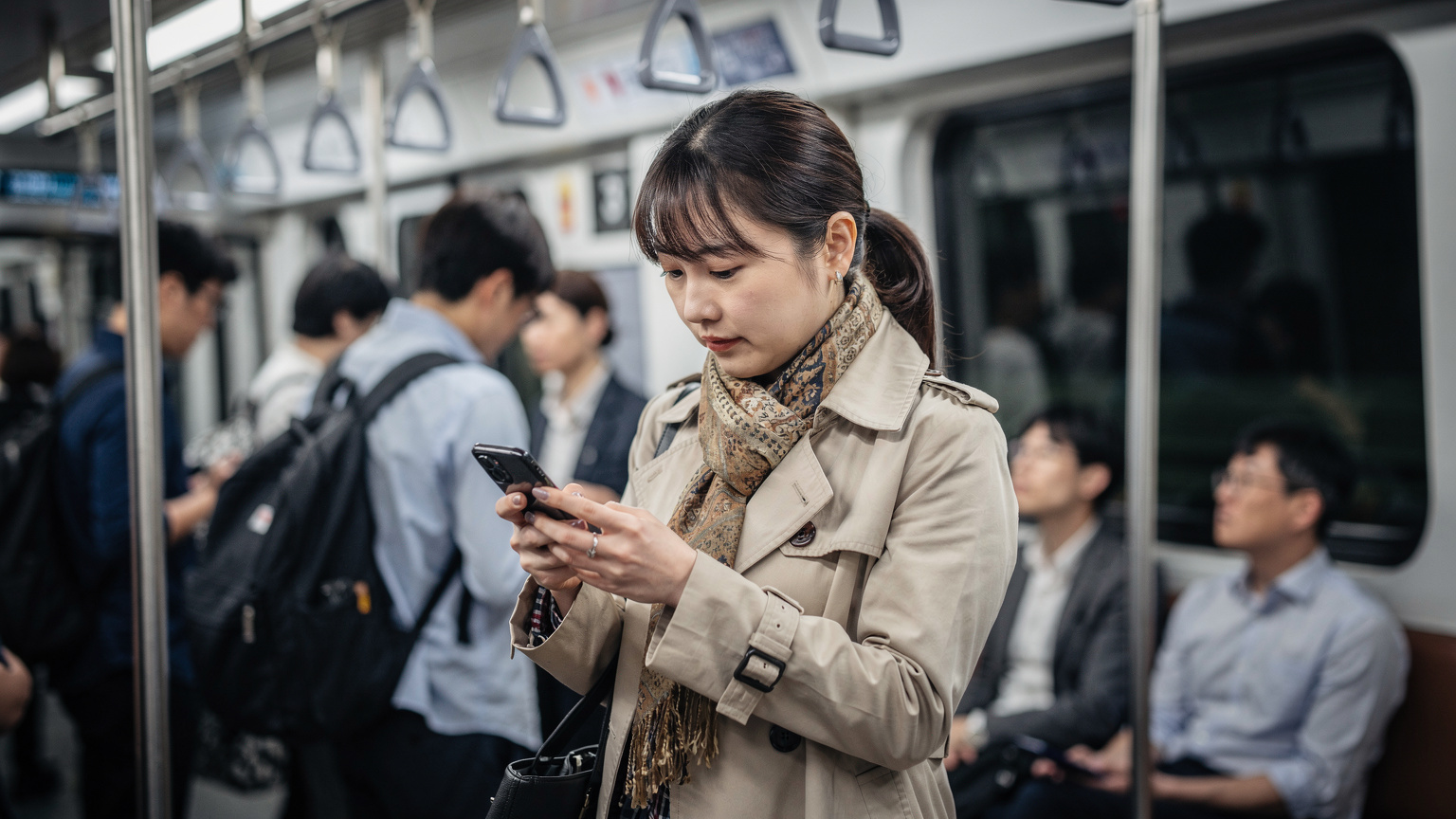 ソウルの地下鉄の車内で、窓の外を眺めながらスマートフォンで地図アプリを確認している日本人女性。周囲は通勤客で賑わっている。