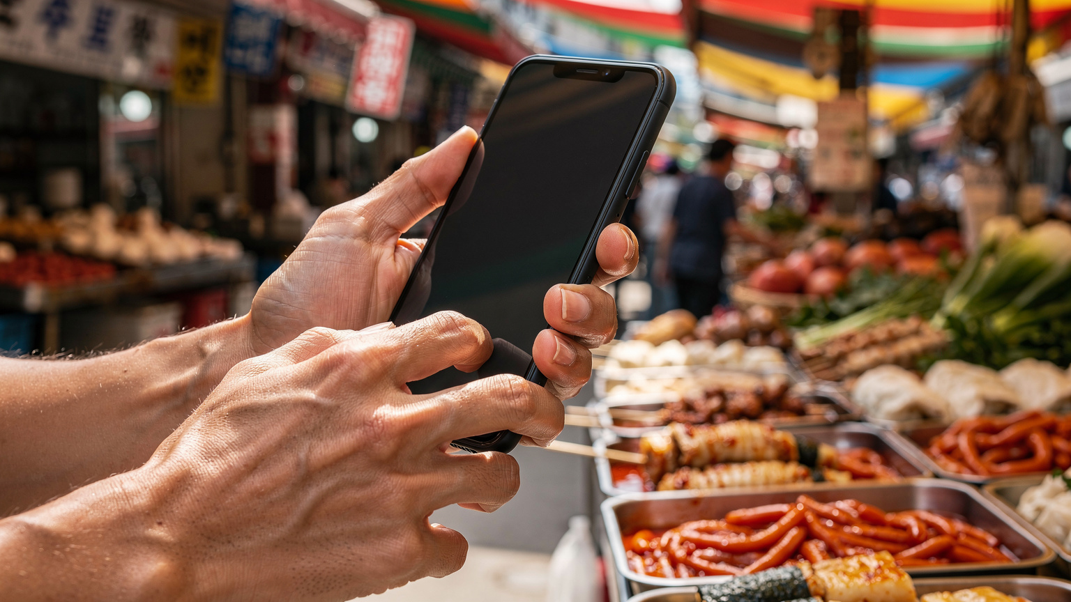 韓国の活気ある伝統市場で、様々な屋台料理を背景に、スマートフォンで商品の情報を調べている手元。指で画面をスクロールしている。