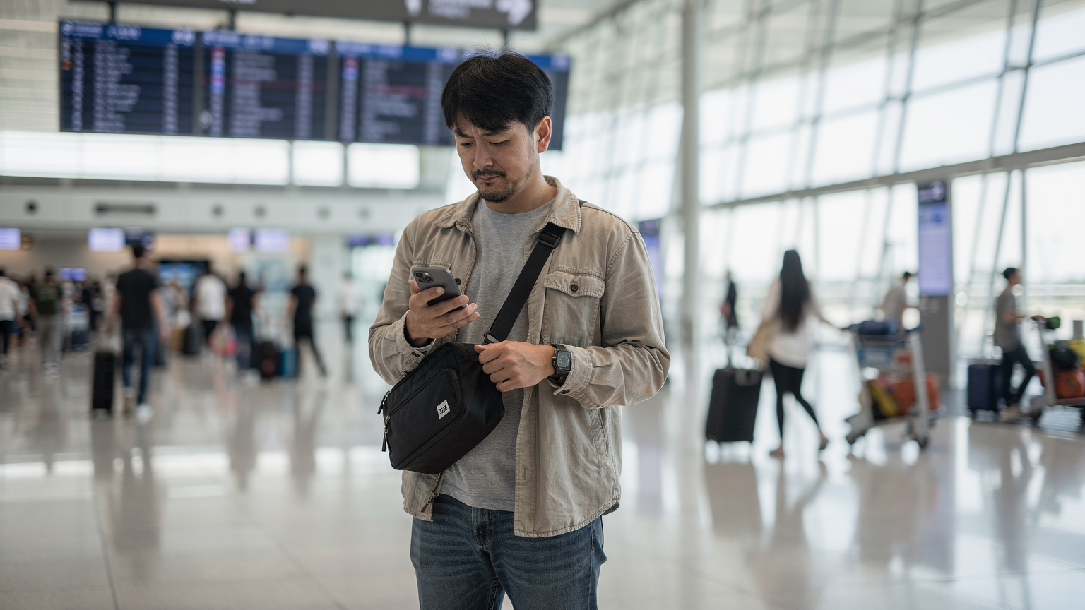 仁川国際空港の到着ロビーで、スマートフォンを手に困った表情を浮かべている日本人旅行者。背後には到着便の案内板が見える。
