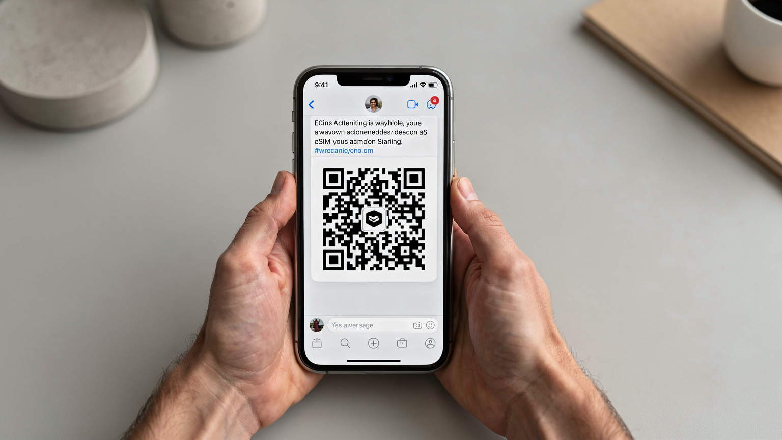 एक व्यक्ति अपने स्मार्टफोन पर Jio ईमेल खोल रहा है, जिसमें eSIM एक्टिवेशन QR कोड दिख रहा है।
