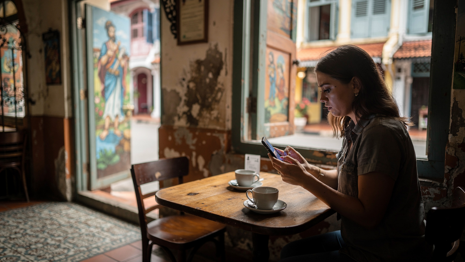 Một phụ nữ trẻ đang ngồi tại một quán cà phê truyền thống ở khu phố cổ George Town, Penang, Malaysia, gương mặt có chút lo lắng khi nhìn vào màn hình điện thoại thông minh không có sóng, xung quanh là những bức tranh tường và kiến trúc cổ kính.