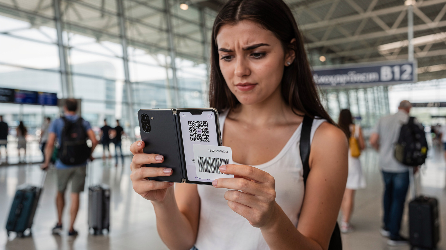 Млада жена, пътешественик, използва своя Samsung Galaxy Z Fold 8, за да сканира QR код за активация на eSIM на оживено летище в Атина, Гърция. Тя е облечена в леки летни дрехи и има малка раница.