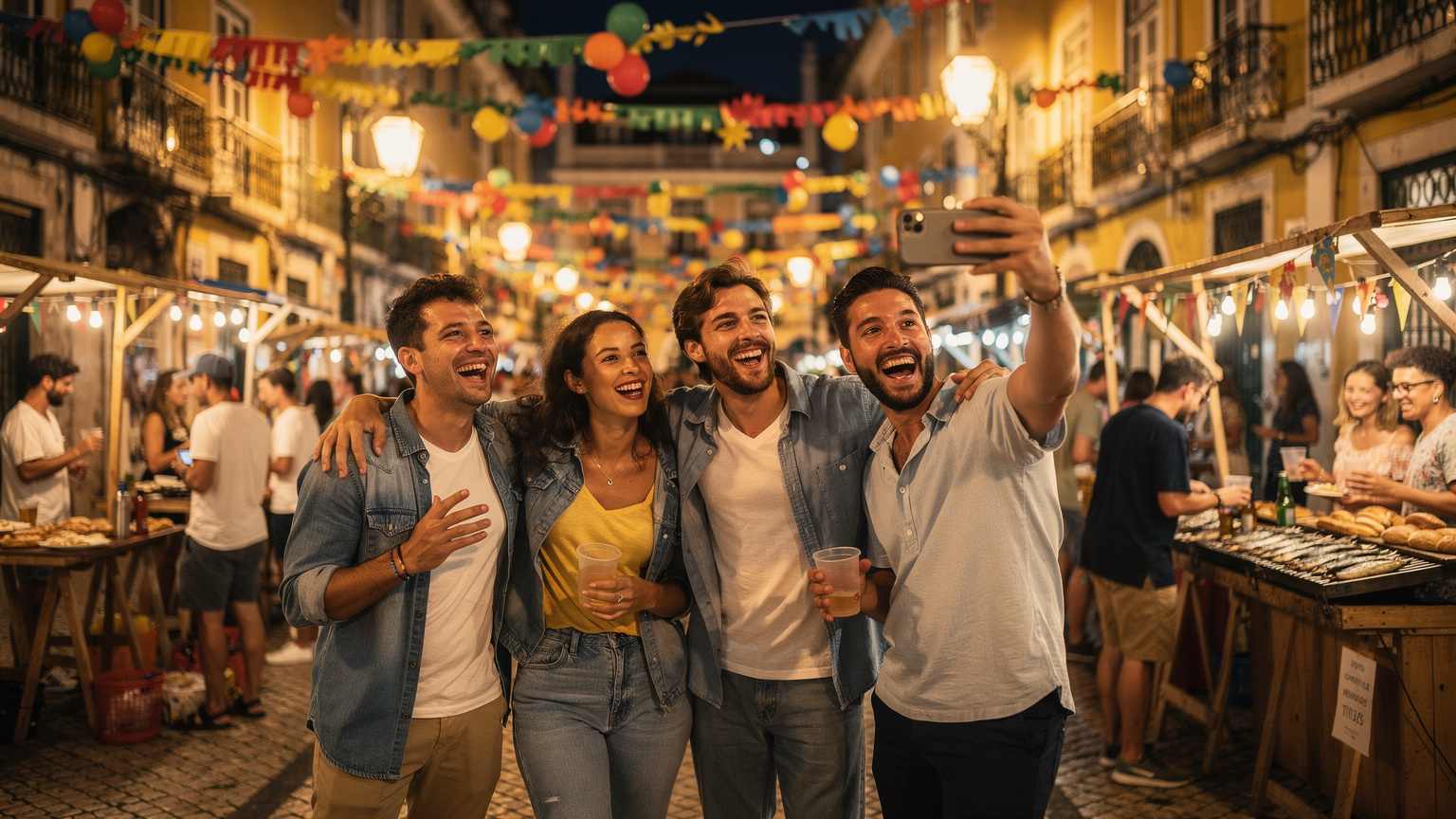 Um grupo de amigos sorri e celebra num arraial típico de Lisboa, com ruas decoradas com balões coloridos e luzes. Um deles, com um iPhone 18 na mão, tira uma foto do ambiente festivo, partilhando o momento alegre.