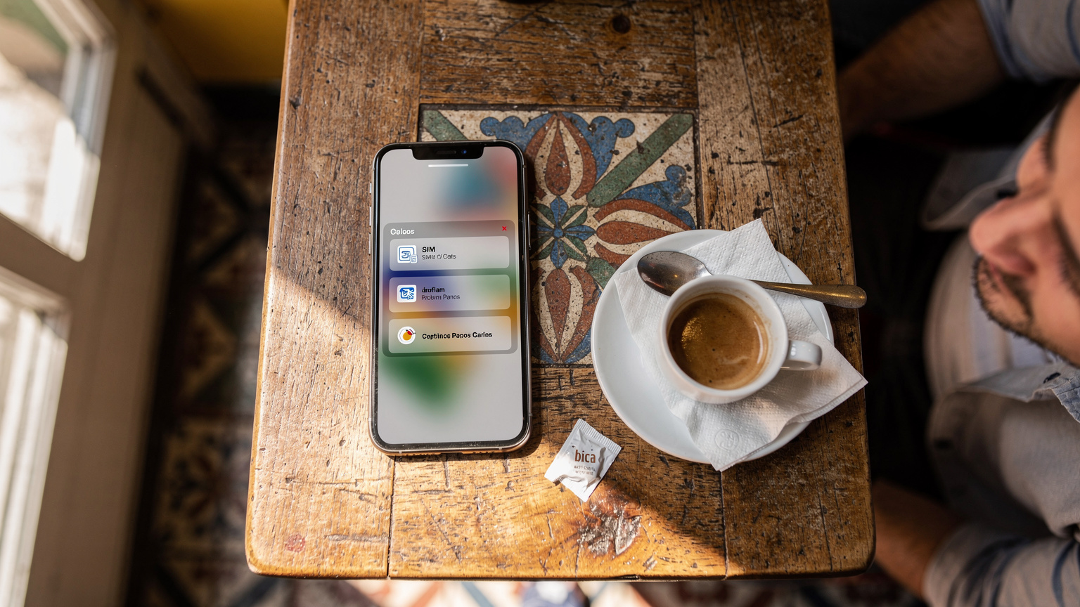 Uma vista aérea de um iPhone 18 sobre uma mesa de madeira num café típico português, exibindo diferentes planos eSIM da Cellesim, com um mapa de Portugal ligeiramente desfocado e uma bica (café expresso) ao lado.