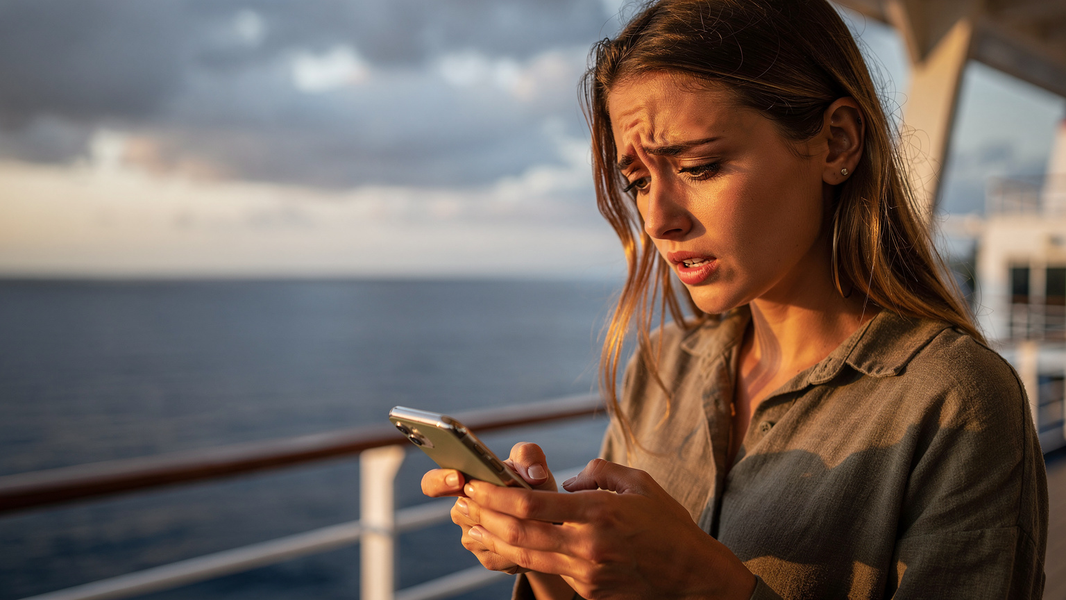 O femeie pe puntea unei nave de croazieră privește ecranul telefonului cu o expresie îngrijorată, cu marea deschisă în fundal, simbolizând costurile neașteptate de roaming.