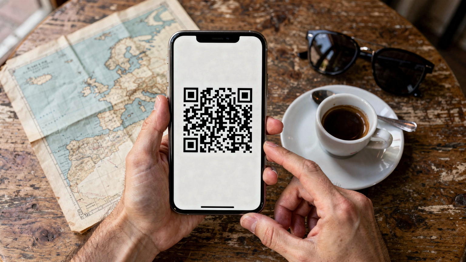 O mână ține un smartphone care afișează un cod QR pentru activarea unui eSIM, cu o hartă a Mării Mediteraneene pe o masă de cafenea, ilustrând ușurința configurării.
