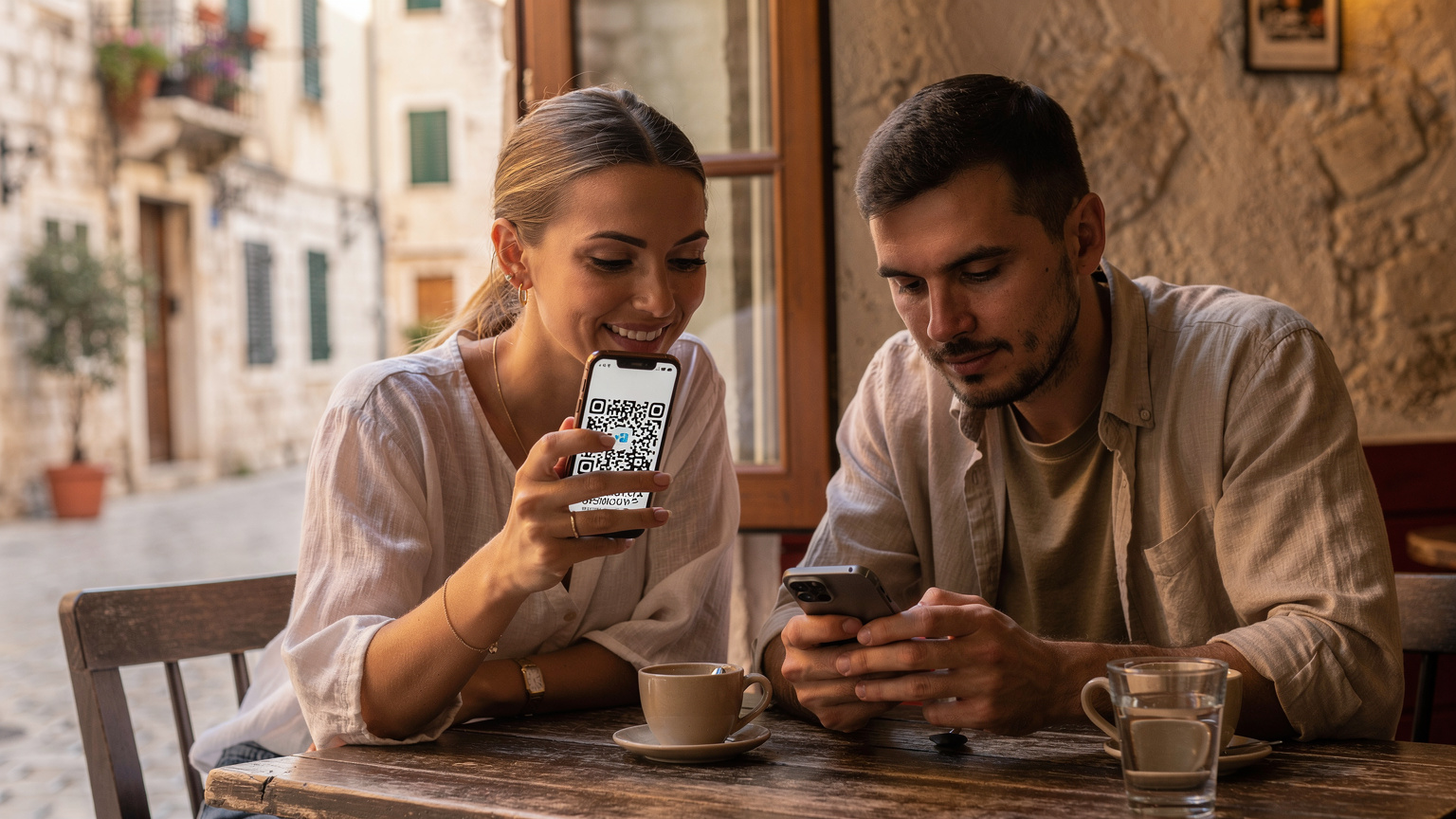 Жінка з посмішкою показує QR-код eSIM своєму чоловікові, який налаштовує його на своєму смартфоні, сидячи за столиком у затишній кав'ярні в старому місті Спліта, Хорватія.