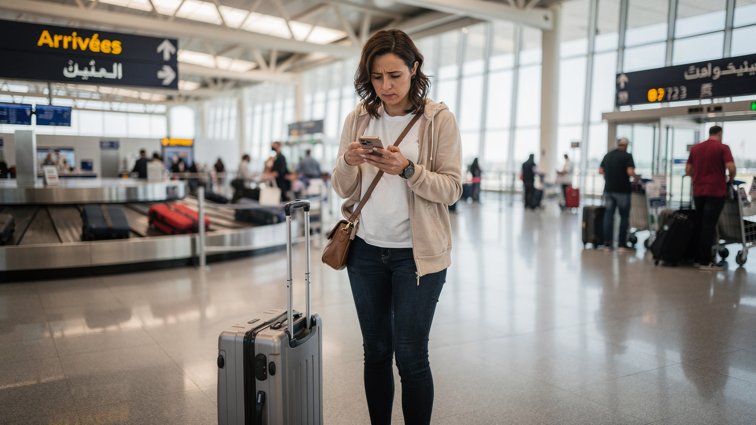 A woman looking at her phone in a busy airport, with signs in Arabic and French, suggesting a moment of confusion or searching for connectivity.