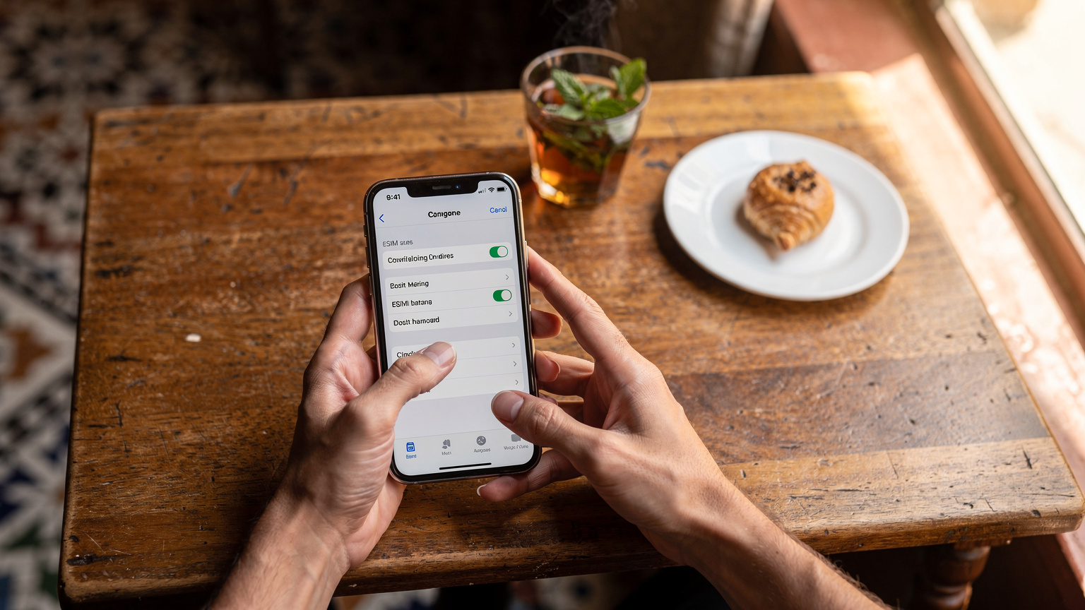 Close-up of human hands operating a smartphone to configure eSIM settings, with a traditional Moroccan mint tea and a local pastry on a wooden table in the background.