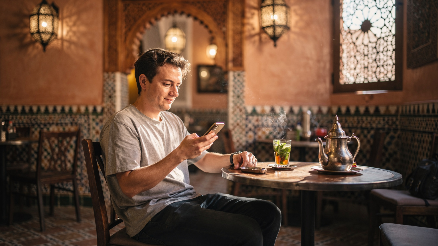 A person sitting relaxed inside a traditional Moroccan cafe in Rabat, casually browsing their smartphone while enjoying a cup of mint tea, depicting a digital nomad working remotely.