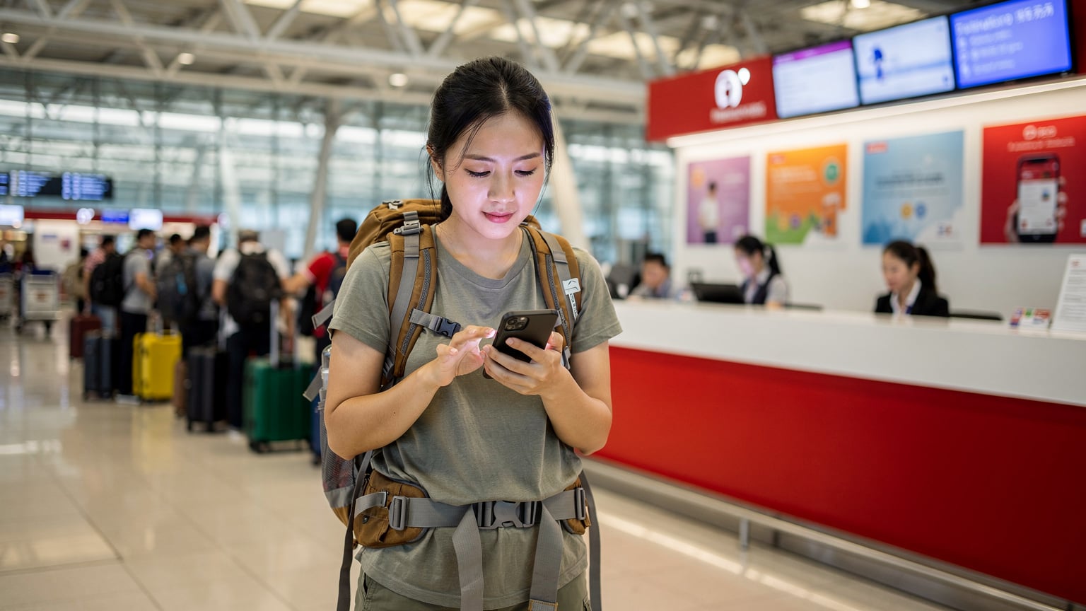 一名中国女背包客在泰国曼谷素万那普机场的 TrueMove H 柜台前, 专注地查看手机上的套餐信息, 柜台后方有其他旅客排队等候。