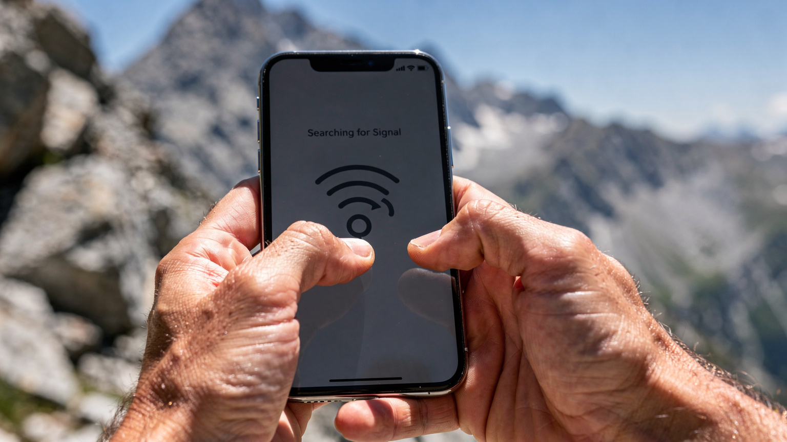 Detailní záběr rukou cestovatele, který drží smartphone a zkouší se připojit k internetu, v pozadí rozmazané skalnaté hory naznačují odlehlost lokality.