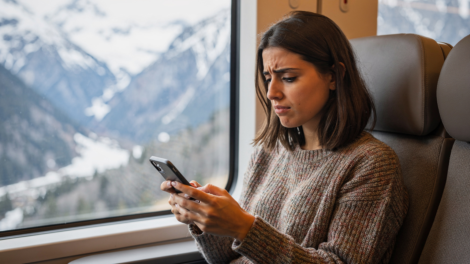 Cestovatelka sedící ve vlaku s výhledem na zasněžené Alpy, porovnává možnosti mobilního připojení na svém smartphonu.