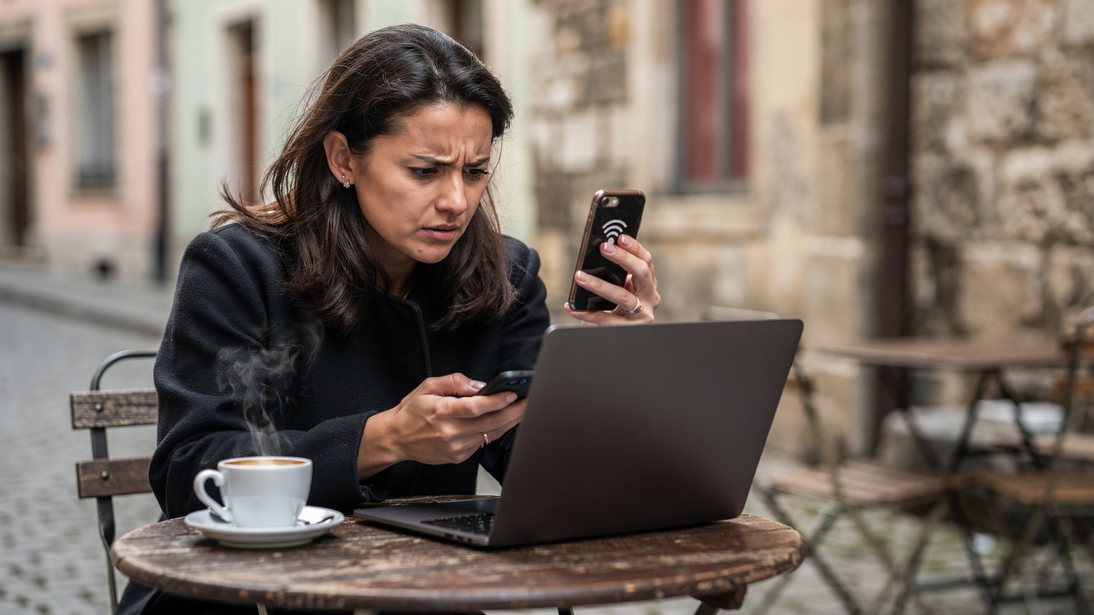 En kvinna i 30-årsåldern sitter vid ett litet cafébord utomhus i ett pittoreskt europeiskt samhälle, med en laptop och smartphone framför sig. Hon ser frustrerad ut när hon tittar på sin telefon som visar 'Ingen tjänst', medan hon försöker arbeta. Ett glas kaffe står bredvid henne på bordet.
