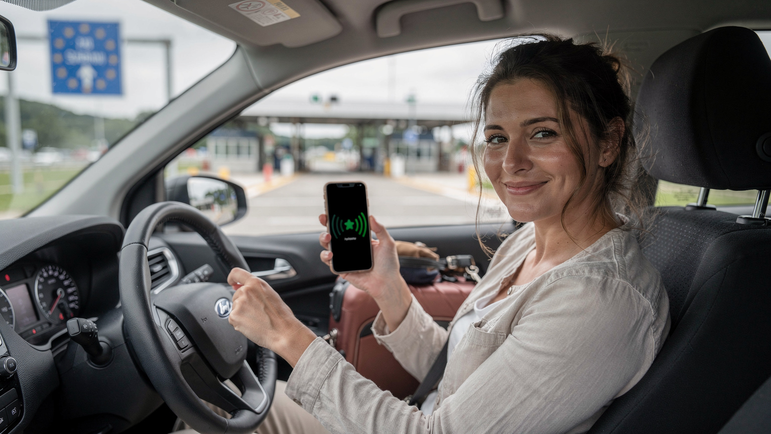 En kvinna i 30-årsåldern sitter i en bil vid en gränsövergång mellan två europeiska länder. Hon tittar med ett lättat uttryck på sin smartphone som visar full signalstyrka, med bagage synligt i baksätet. Scenen utstrålar bekvämlighet och bekymmersfri resa.
