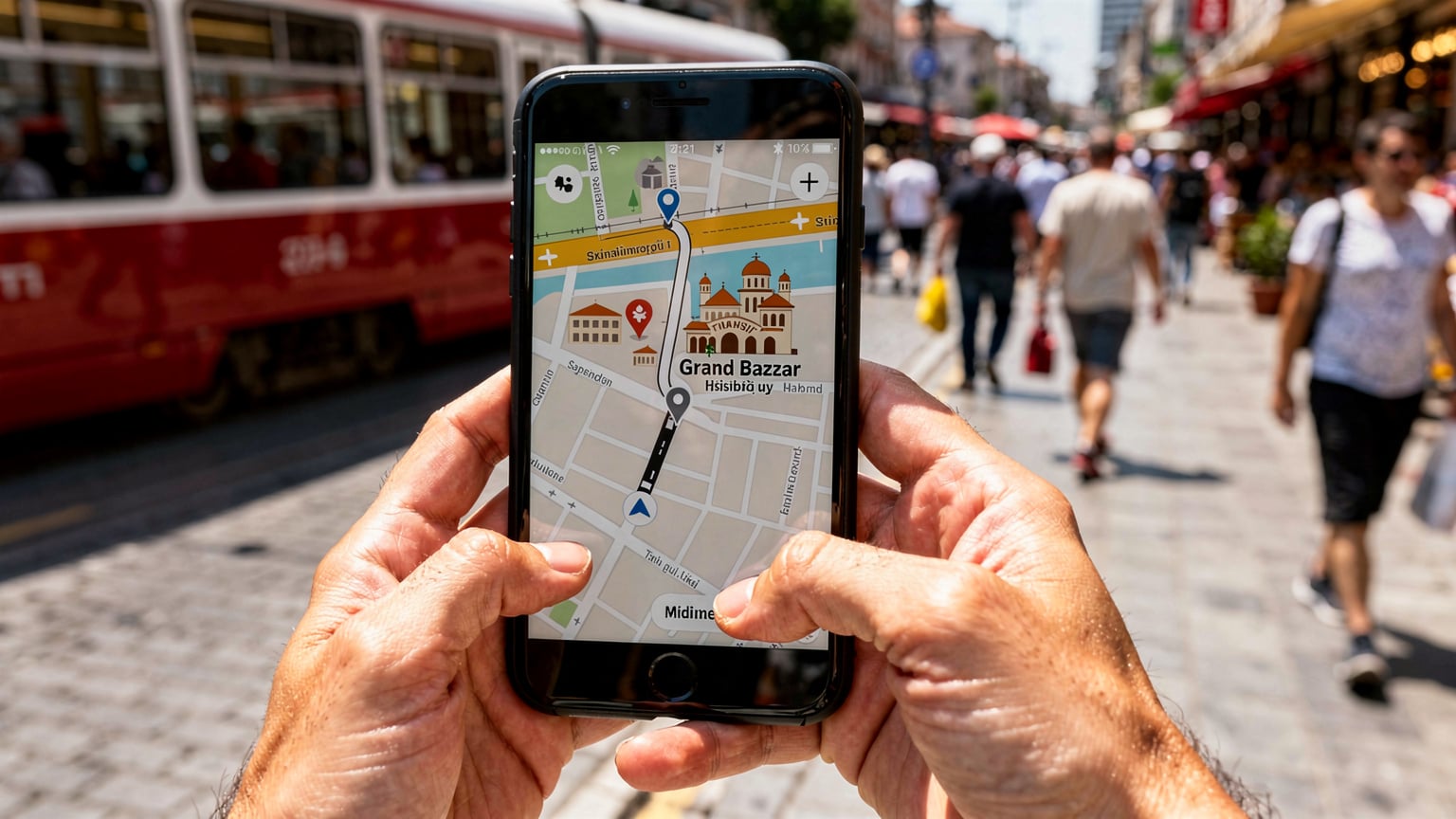 Турист держит телефон, на котором открыто приложение Google Maps, указывающее маршрут к Гранд-Базару в Стамбуле, на фоне оживленной улицы с трамваем T1. Руки сосредоточены на экране, вокруг люди.