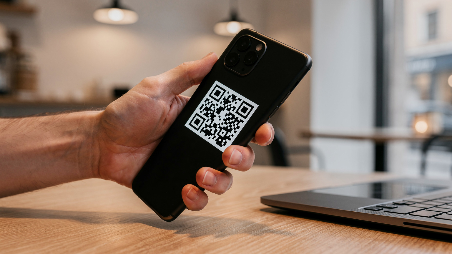 Een close-up van een hand die een smartphone vasthoudt en een QR-code scant die van een ander scherm wordt getoond, in een gezellige, moderne Scandinavische koffiebar.