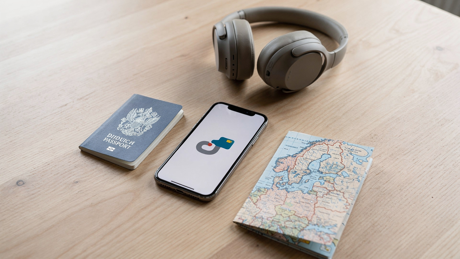 Een georganiseerde flat-lay van een paspoort, smartphone met eSIM-kaart pictogram, koptelefoon en een routekaart van Scandinavië, klaar voor een roadtrip.