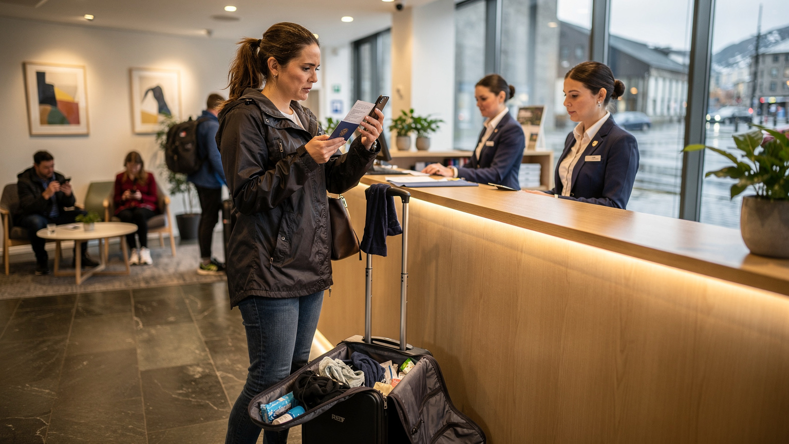 Een reiziger staat in de rij bij een drukke receptie van een hotel in Bergen, Noorwegen, met een open koffer en een gestreste uitdrukking, terwijl hij probeert zijn telefoon te gebruiken.