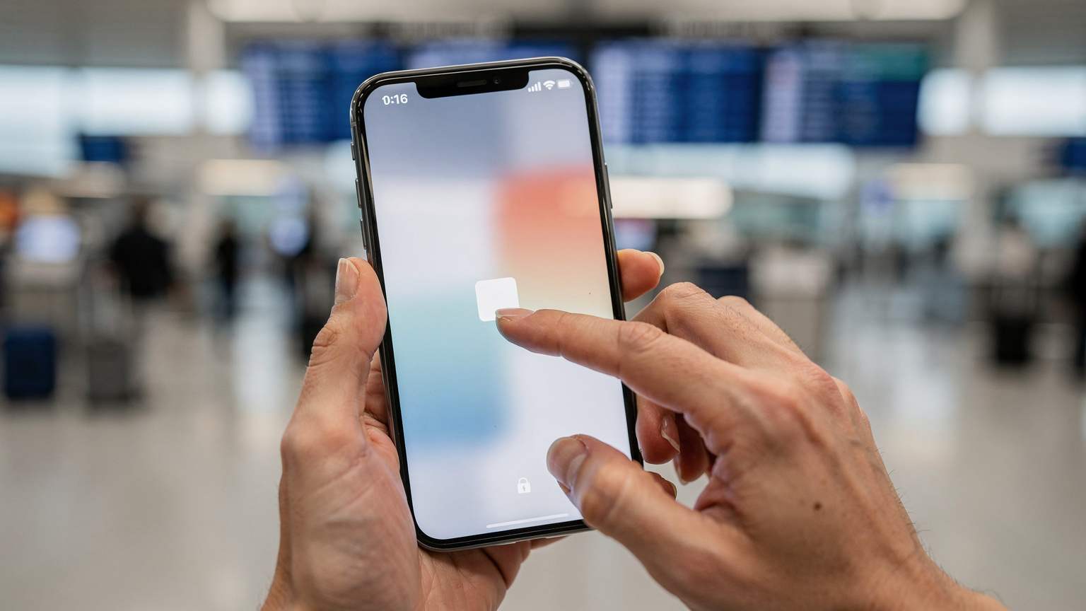 一雙手握著智能手機，屏幕上顯示著 eSIM 激活界面，背景是模糊的機場登機口景象，暗示著出行前的準備。