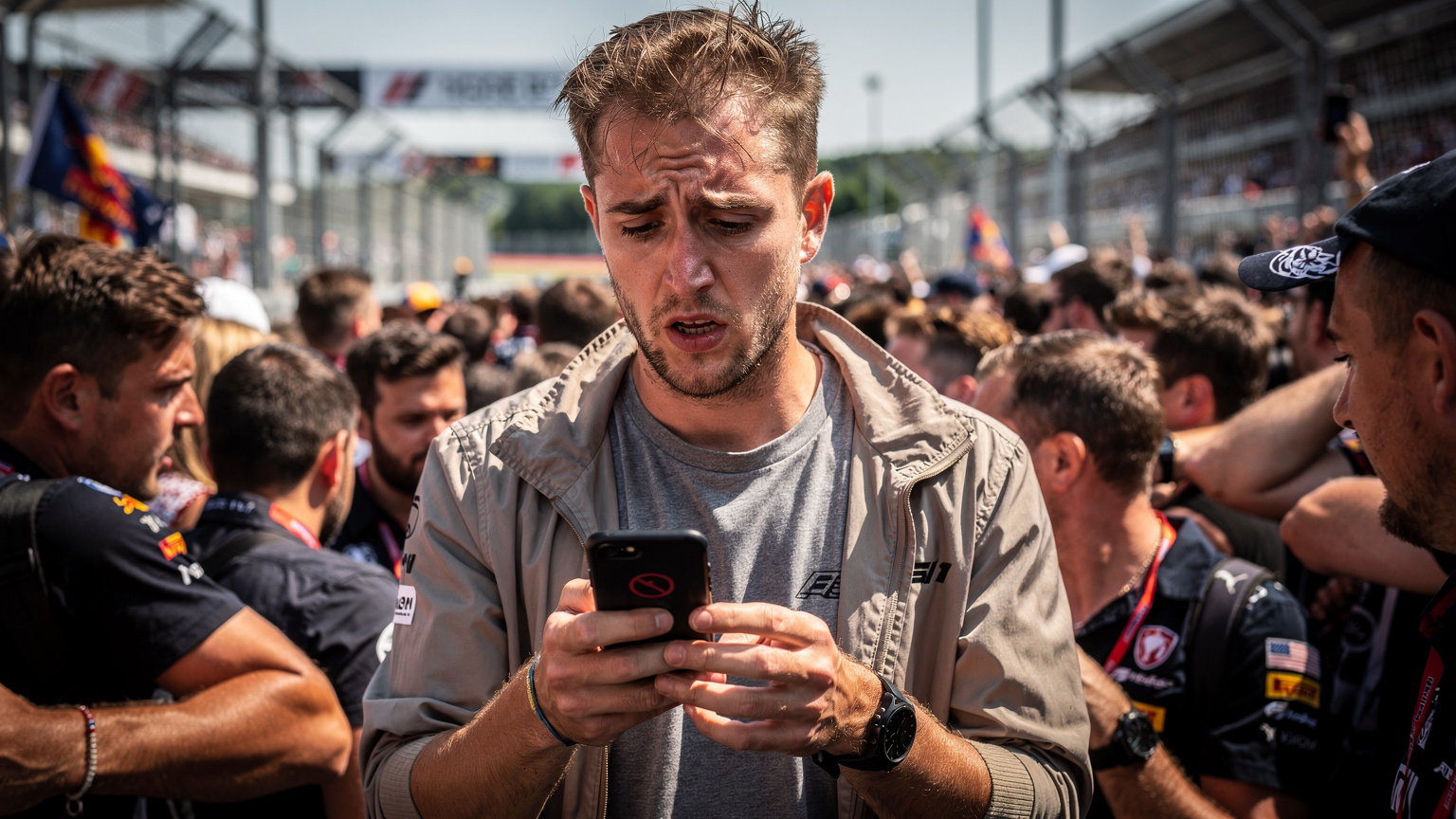 Een gefrustreerde F1-fan kijkt bezorgd naar zijn smartphone met een 'geen service'-melding, terwijl de drukte van het circuit rondom hem heen raast.