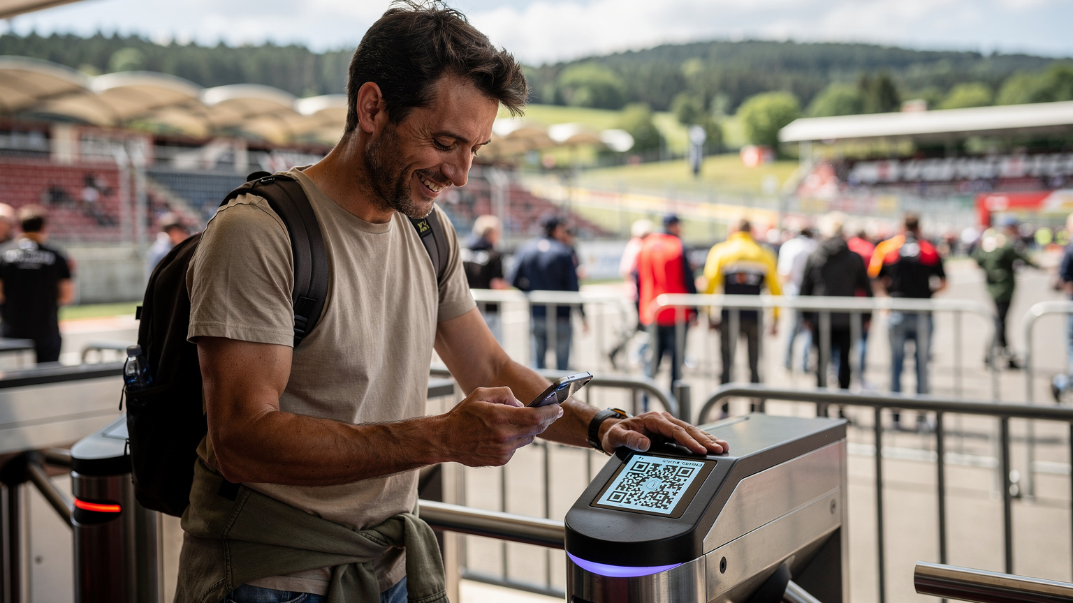 Een F1-fan scant enthousiast zijn digitale ticket op zijn smartphone bij de ingang van het Spa-Francorchamps circuit, met op de achtergrond de historische tribunes.