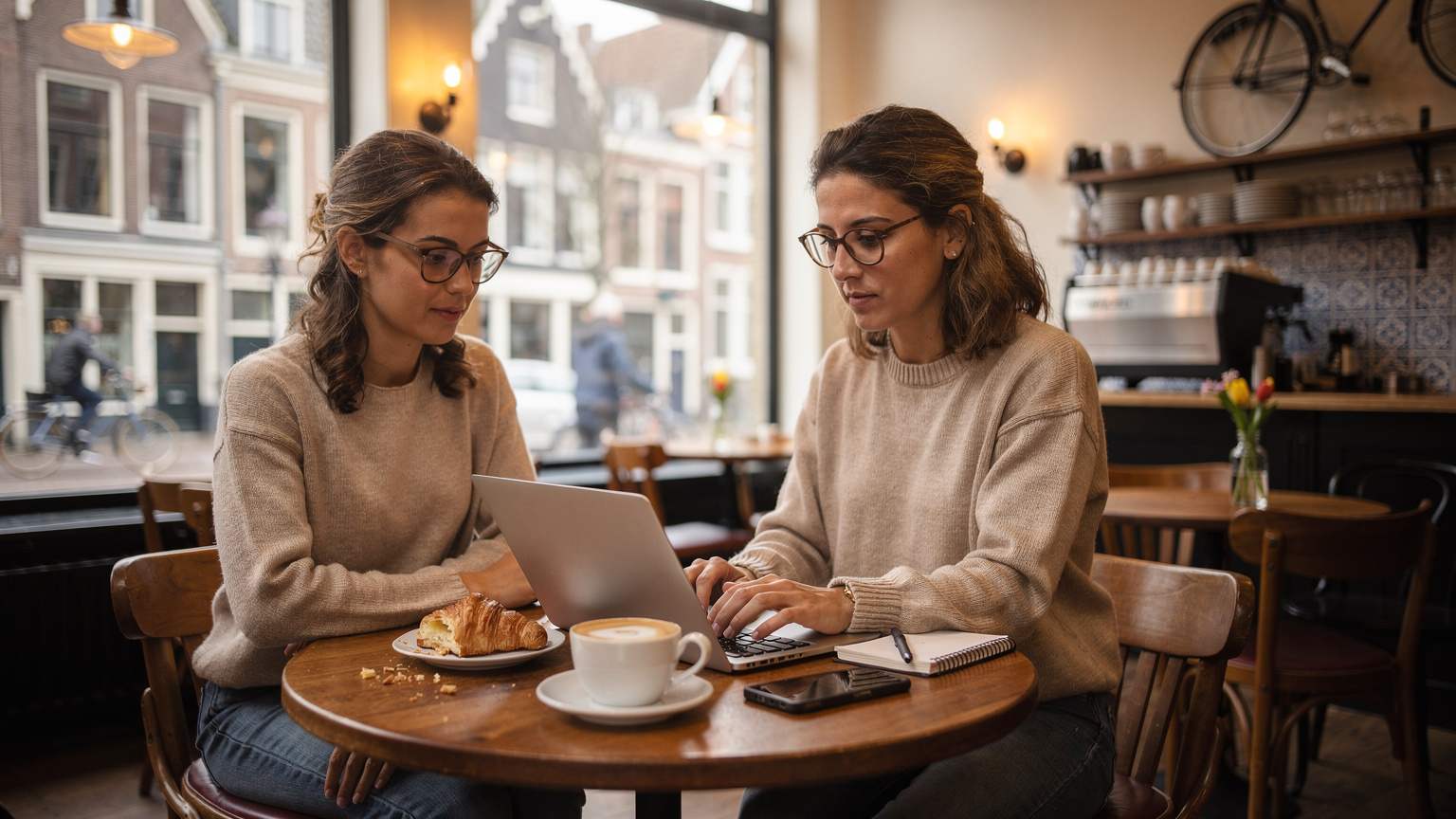 Een digital nomad werkt geconcentreerd op haar laptop in een gezellig café in Haarlem, met een kop koffie en een croissant op tafel, en het bruisende stadsleven op de achtergrond.