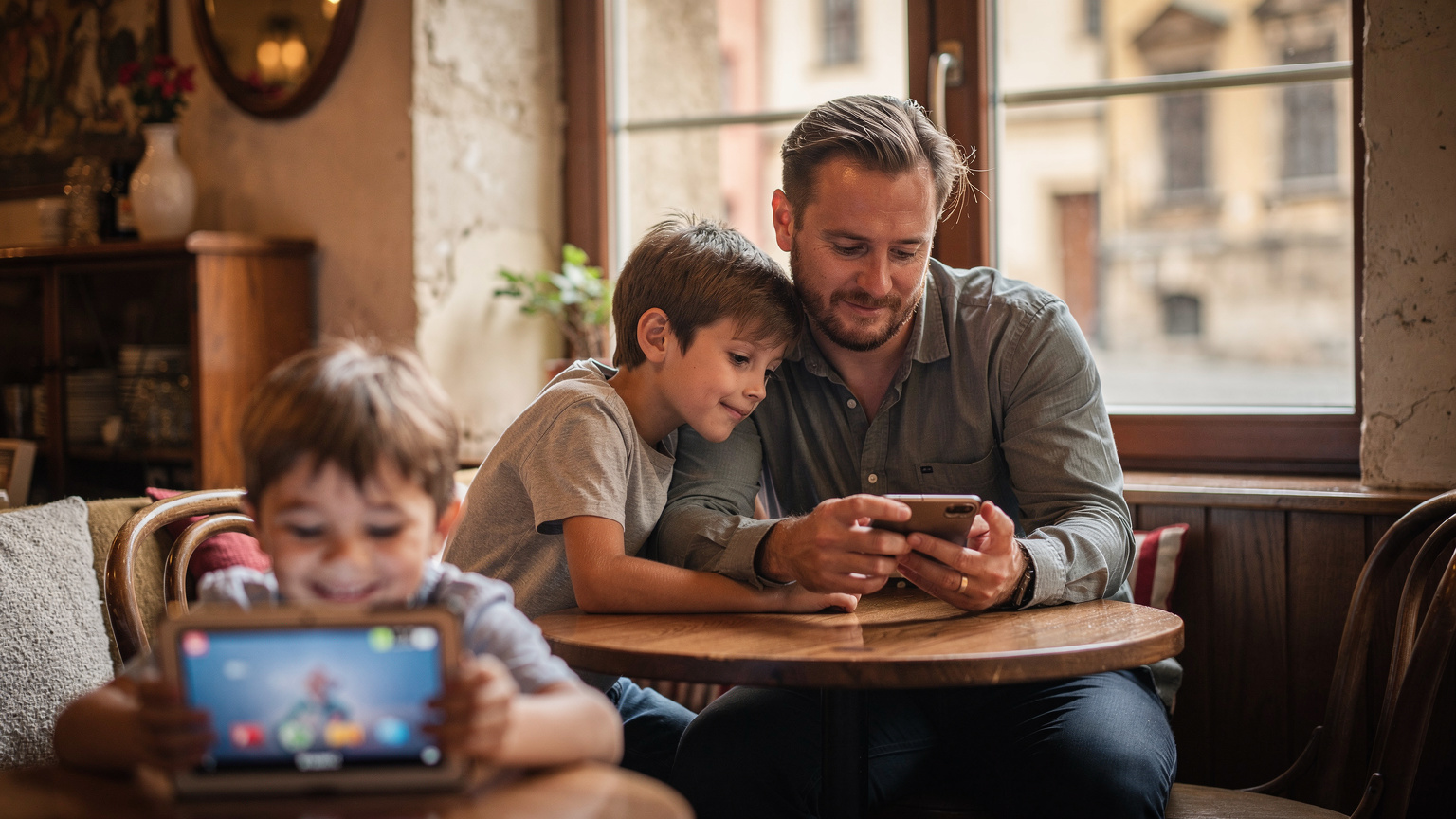 Ein Vater erklärt seinem 10-jährigen Sohn in einem Café in Prag die Einstellungen auf seinem Smartphone, während ein kleinerer Junge daneben auf einem Tablet spielt.
