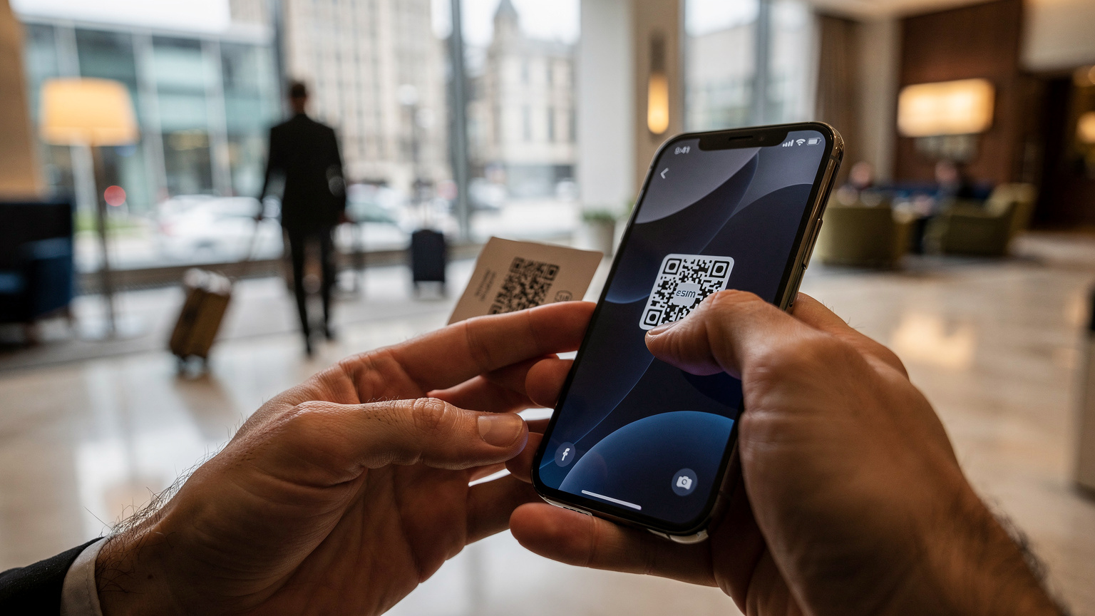 Eine Nahaufnahme von Händen, die ein Smartphone halten und versuchen, einen QR-Code für eine eSIM-Aktivierung in einem belebten Hotel-Lobby-Bereich in London zu scannen.