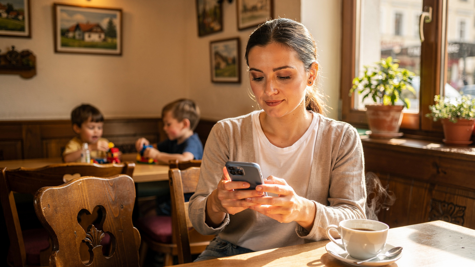 Eine junge Mutter überprüft die Netzabdeckung auf ihrem Smartphone, während ihre Kinder in einem Café in der Münchner Altstadt spielen. Der Kaffee dampft noch.